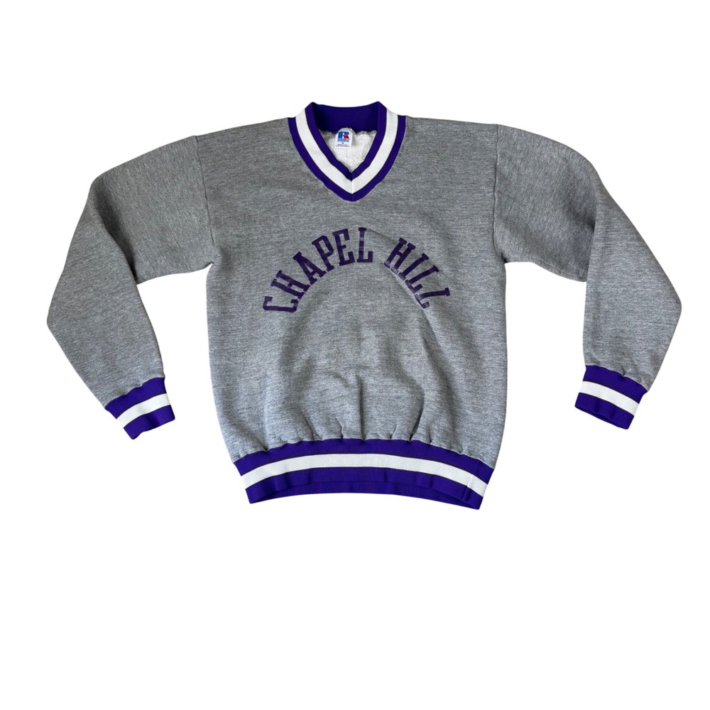 Vintage Russell Athletic Made in USA Chapel Hill V-Neck Sweatshirt Gray Medium